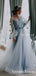 Newest A Line 3D Flowers Dubai Beauty Tulle Long Sleeves Light Blue Elegant A-line Long Cheap Prom Dresses, PDS0045