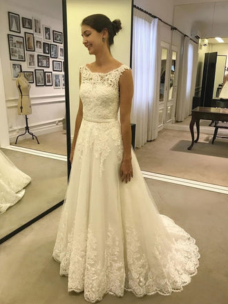 Cap Sleeves A line Bateau Lace A line Cheap Wedding Dresses Online, QB0381
