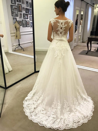 Cap Sleeves A line Bateau Lace A line Cheap Wedding Dresses Online, QB0381