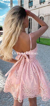 Spaghetti Strap Pink Lace A-line Short Cheap Party Homecoming Dresses, HDS0037