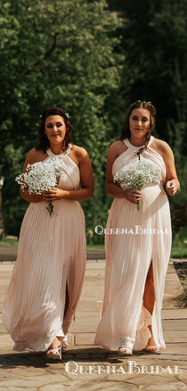 Simple Charming Hlater Round Neck Sleeveless Blush Pink Chiffon Long Cheap Bridesmaid Dresses, QB0941