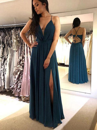 Spaghetti Straps Sexy Teal Side Slit Long Evening Prom Dresses, QB0420