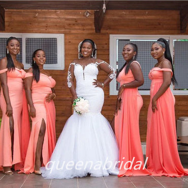 Simple Coral Mermaid Off Shoulder Side Slit Maxi Long Bridesmaid Dresses, BDS0137