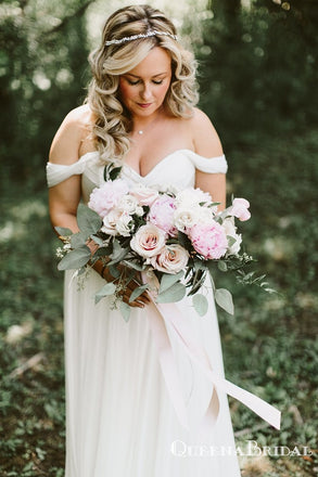 Simple Off-The-Shoulder Off-White Chiffon A-line Long Cheap Beach Wedding Dresses, WDS0002