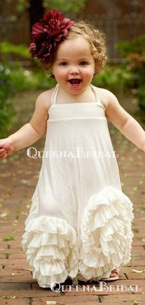 Cute Halter Straps Ivory Backless A-line Long Cheap Flower Girl Dresses, FGS0016