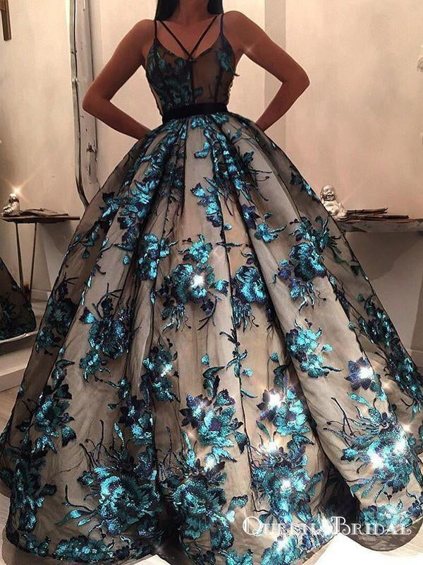 cheap grad dresses Unique Spaghetti Strap Ball Gown Vintage Long Cheap Prom Dresses, QB05 – QueenaBridal