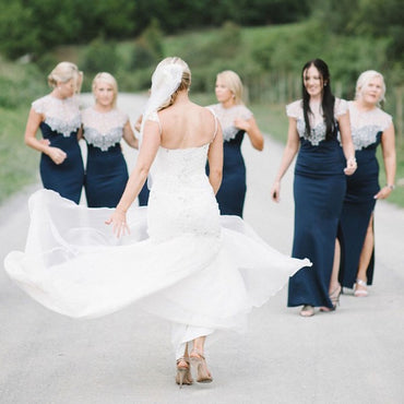 Mermaid Round Neck Lace Applique Cap Sleeves Dark Blue Bridesmaid Dresses Online, QB0038