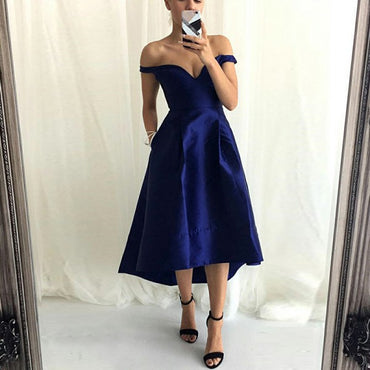 Off-Shoulder High Low Dark Blue Satin Cheap Bridesmaid Dresses with Pockets, QB0138