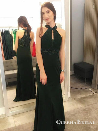 Mermaid Halter Long Dark Green Prom Dresses with Lace Keyhole, QB0515