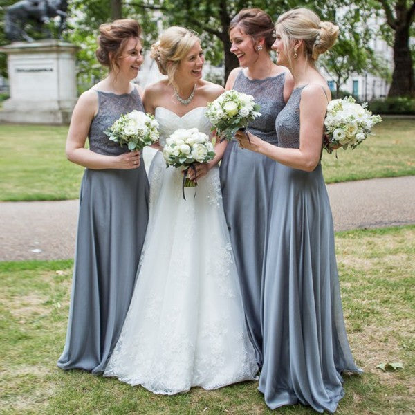 Elegant Round Neck Long Cheap Dark Grey Satin Bridesmaid Dresses with QueenaBridal Elegant Round Neck Long Cheap Dark Grey Satin Bridesmaid Dresses with QueenaBridal
