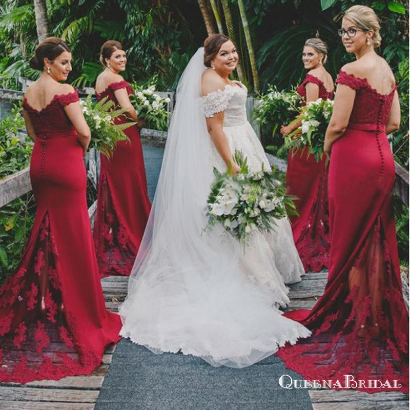 Mermaid Off Shoulder Dark Red Mermaid Bridesmaid Dresses with Applique QueenaBridal Mermaid Off Shoulder Dark Red Mermaid Bridesmaid Dresses with Applique QueenaBridal