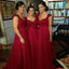 Scoop Sleeveless Long Cheap Dark Red Chiffon Bridesmaid Dresses with Appliques, QB0162