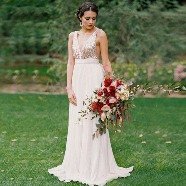 Sexy Deep V-Neck Backless White Chiffon Gold Sequin Bridesmaid Dresses QueenaBridal Sexy Deep V-Neck Backless White Chiffon Gold Sequin Bridesmaid Dresses QueenaBridal