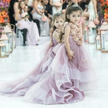 Pretty Round Neck Sweep Train Dusty Pink Cheap Flower Girl Dresses With Handmade Flowers, QB0091