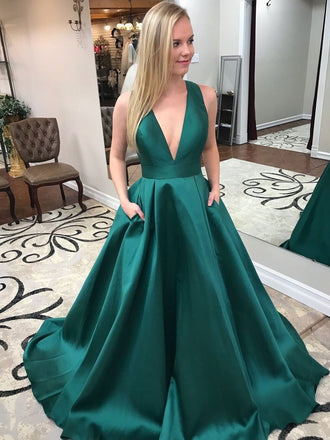 Simple V-neck Emerald Green A-line Long Evening Prom Dresses, QB0449