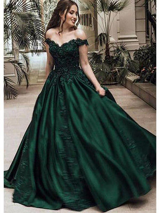 Charming Custom Off Shoulder Dark Green A-line Long Evening Prom Dresses, QB0374