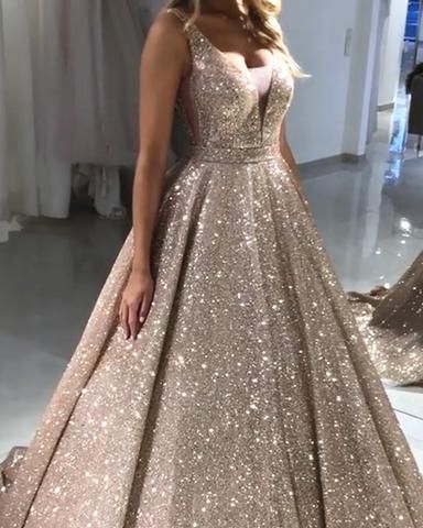 V Neck Sparkly Sequin A-line Long Evening Prom Dresses With Pockets, Cheap Custom Party Prom Dresses, PDS0076