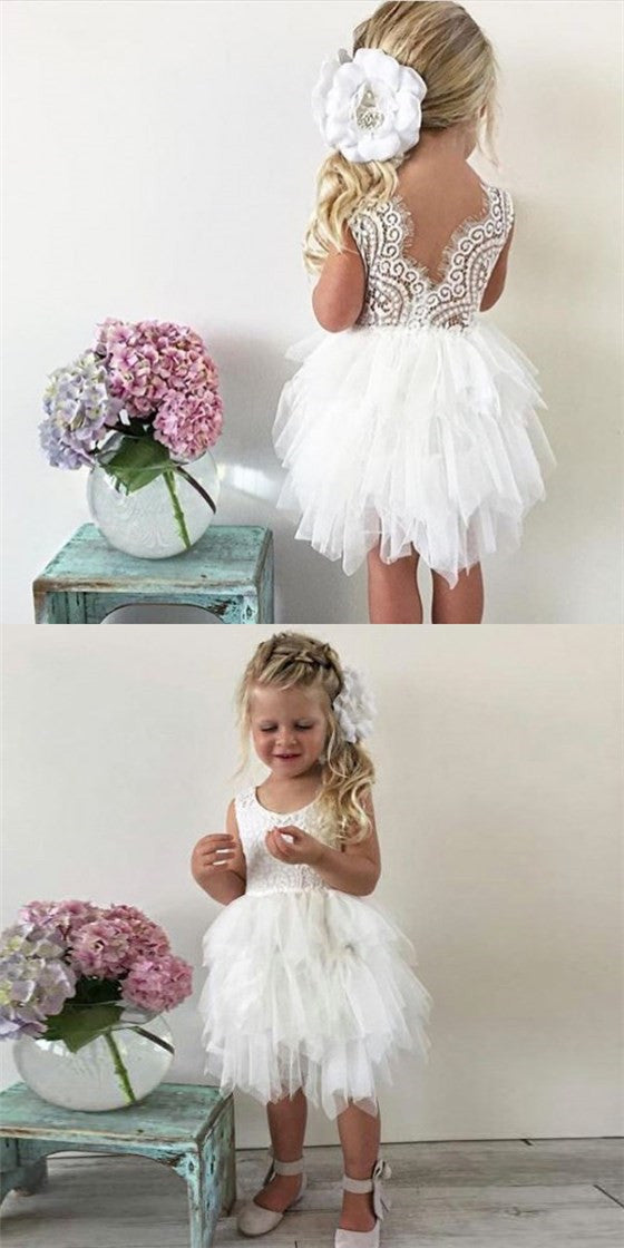Ball Gown Jewel V-Back Tiered Tulle Cheap Flower Girl Dresses with Lac