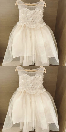 Lovely Round Neck Open Back White Flower Girl Dresses with Appliques&Beaded, QB0230