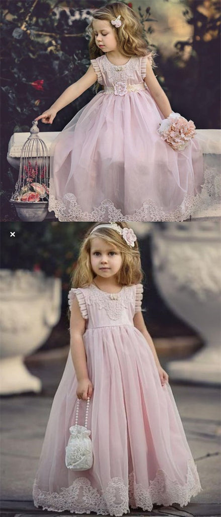 Cheap Pink Tulle Lace Applique Ball Gown Little Long Flower Girl Dresses, QB0005