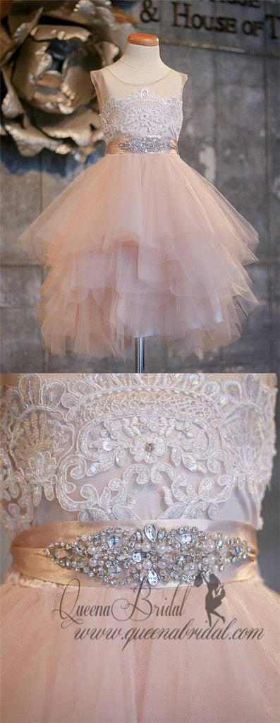 Blush Pink Flower Girl Dresses Asymmetric Tulle Lace Top Cute Dress for Kids, QB0267