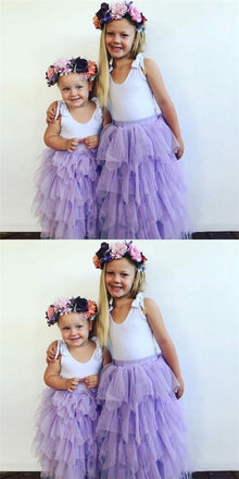 Lovely Round Neck Lilac Tulle Cheap Flower Girl Dresses with Ruffles, QB0087