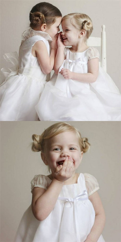 Cute A-Line Round Neck White Tulle Long Cheap Flower Girl Dresses with Bow, QB0096