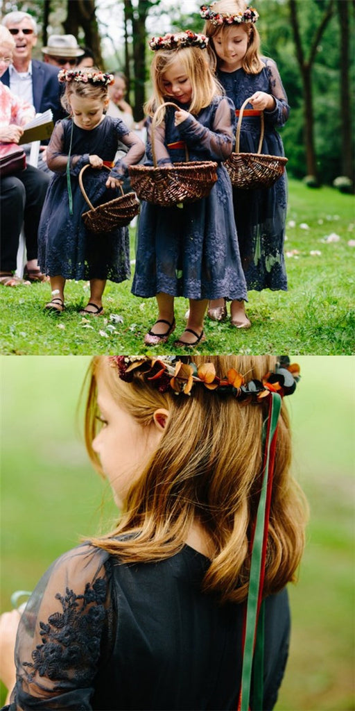 Cute Round Neck Long Sleeves Dark Blue Lace Long Cheap Flower Girl Dresses, QB0109