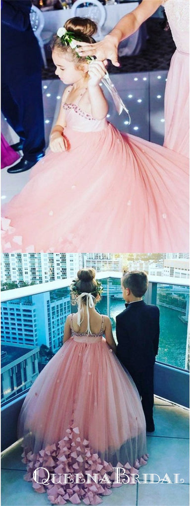 A-Line Spaghetti Straps Pink Floor Length Flower Girl Dresses with Flower, QB0821