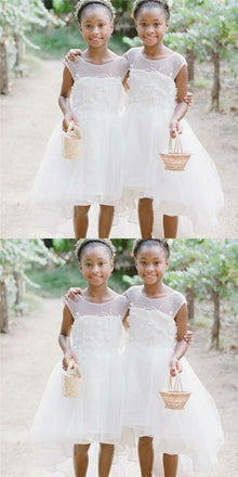 A-Line Round Neck High Low White Tulle Cheap Flower Girl Dresses with Appliques, QB0084