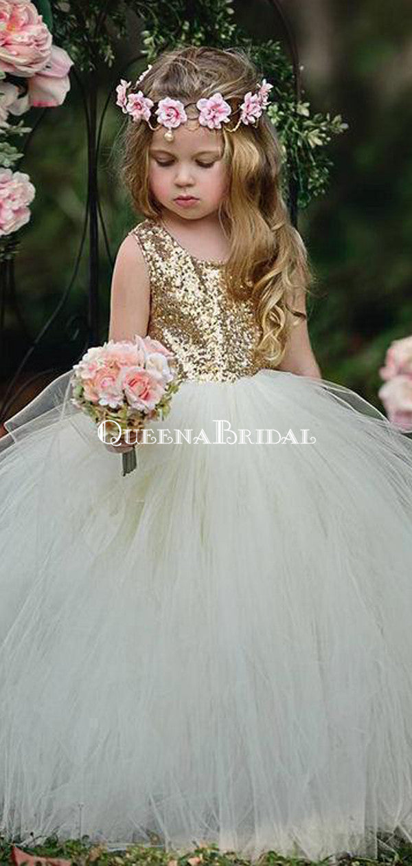 Cheap Cute Princess Flower Girl Dresses with Shiny Gold Sequin Top, QB QueenaBridal Cheap Cute Princess Flower Girl Dresses with Shiny Gold Sequin Top, QB QueenaBridal