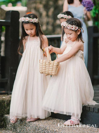 Lovely Halter-Straps Ivory Tulle Long Floor-Length Cheap Flower Girl Dresses, FGS0001