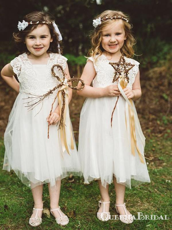 Cute Cap Sleeves Ivory Tulle Tea-Length Cheap Flower Girl Dresses, FGS0004