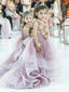 Pretty Round Neck Sweep Train Dusty Pink Cheap Flower Girl Dresses With Handmade Flowers, QB0091