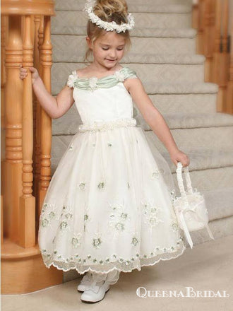 Cute Bateau Organza Lace Appliqued Princess A-line Long Cheap Flower Girl Dresses, FGS0019