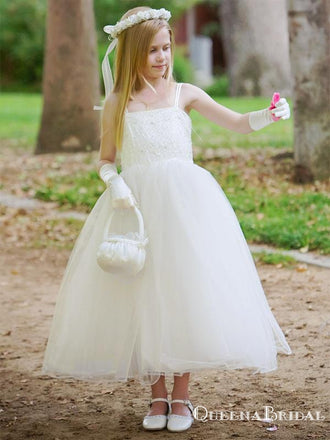 Popular Spaghetti Strap Ivory Tulle A-line Long Cheap Flower Girl Dresses, FGS0013