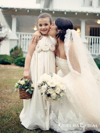 Popular Round Neck Ivory Long Cheap Flower Girl Dresses With Handmade Flowers, FGS0009