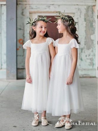 Elegant Square Cap Sleeves Tulle A-line Long Cheap Flower Girl Dresses, FGS0018