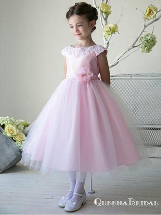 Elegant Bateau Cap Sleeve Pink Tulle A-line Long Cheap Flower Girl Dresses, FGS0021
