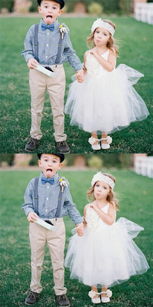 Ball Gown Round Neck White Tulle Cheap Flower Girl Dresses with Appliques, QB0226