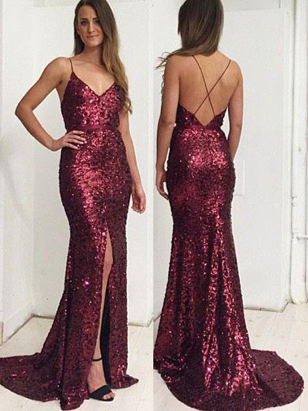 Gold Mermaid Prom Dresses with Slit Backless Formal Dresses, QB0342 QueenaBridal Gold Mermaid Prom Dresses with Slit Backless Formal Dresses, QB0342 QueenaBridal