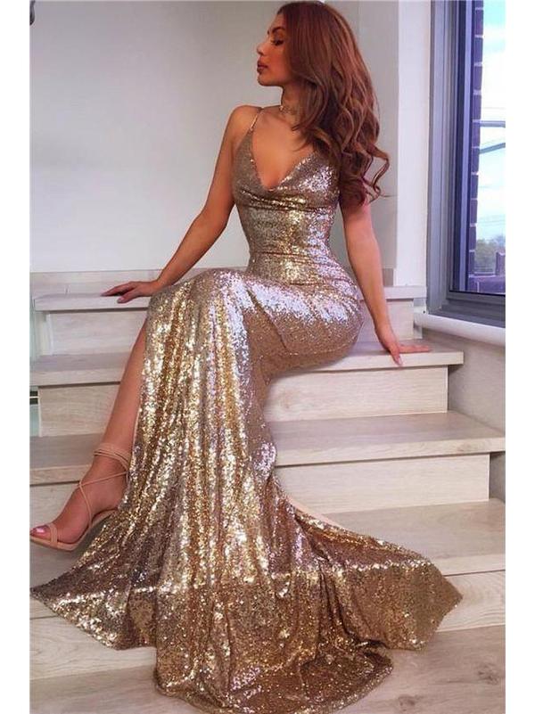 Gold Mermaid Prom Dresses with Slit Backless Formal Dresses, QB0342 QueenaBridal Gold Mermaid Prom Dresses with Slit Backless Formal Dresses, QB0342 QueenaBridal