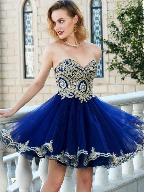 Sweetheart Gold Lace Beaded Blue Short Cheap Homecoming Dresses Online QueenaBridal Sweetheart Gold Lace Beaded Blue Short Cheap Homecoming Dresses Online QueenaBridal