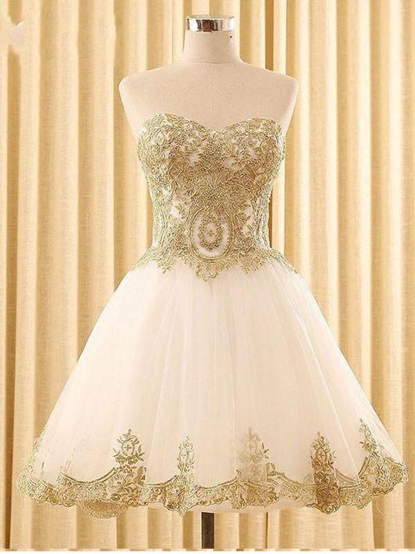 Sweetheart Gold Lace White Tulle Short Cheap Homecoming Dresses Online – QueenaBridal