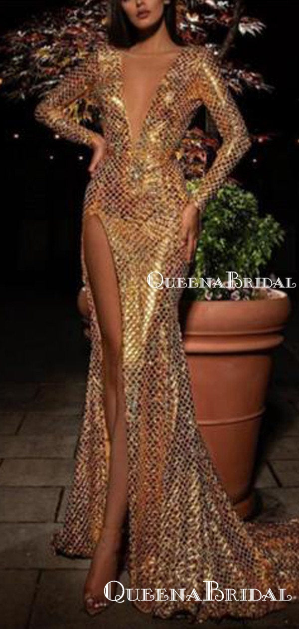 Sexy Deep V-neck Long Sleeves Sparkly Gold Sequin Mermaid Long Cheap E QueenaBridal Sexy Deep V-neck Long Sleeves Sparkly Gold Sequin Mermaid Long Cheap E QueenaBridal