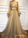 2019 Chic Scoop Long Sleeve Gold Long Cheap Prom Dresses With Applique, QB0606