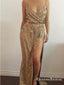 2021 Gold Sparkly Side Slit Long Sexy Evening Prom Dresses, QB0441