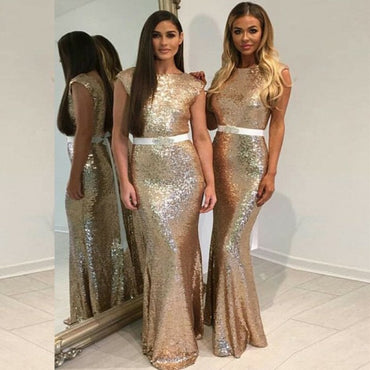 Mermaid Bateau Backless Gold Sequin Long Cheap  Bridesmaid Dresses Online, QB0159