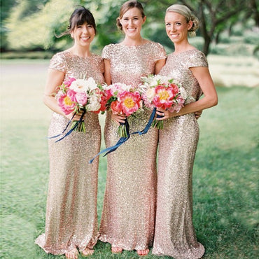 Mermaid Bateau Cap Sleeves Long Cheap Gold Bridesmaid Dresses Online, QB0115