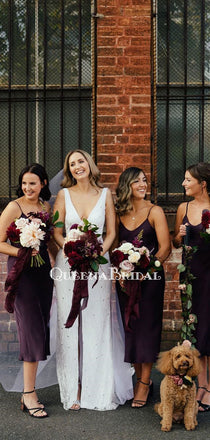 Spaghetti Strap Grap Elastic Silk Tea Length Cheap Bridesmaid Dresses, BDS0106